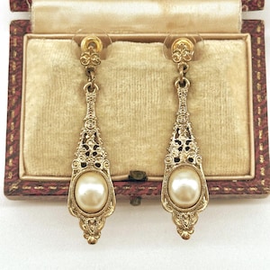 Vintage 1940s Gold Pearl Drop Earrings-Art Deco Vintage Earrings-Heirloom Vintage Earrings-Bridal Vintage Earring-Statement Vintage Earrings