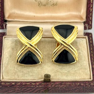 Vintage Gold Black Enamel Clip On Earrings, Sculptural Bow Clip-Ons, Bold Gold Jewelry, Art Deco Revival, 1980s Power Dressing, Gift For Her