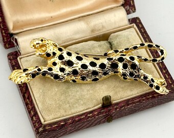 Vintage Gold-plated Panther Brooch, Black Enamel Spotted