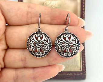 Vintage Sterling Silver 925 Openwork Filigree Round Dangle Earrings, Boho Scroll Drop Earrings