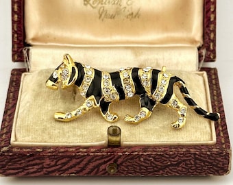 Vintage Gold Panther Brooch, Gold Tiger Brooch, 80s Panther Crystal Pin, Enamel Tiger Brooch, Wedding Jewellery, Vintage Jewelry-Unique Gift