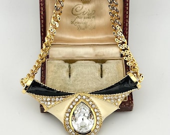 Collana vintage in smalto oro nero e avorio, gioielli da sera Swarovski Crystal Couture anni '80