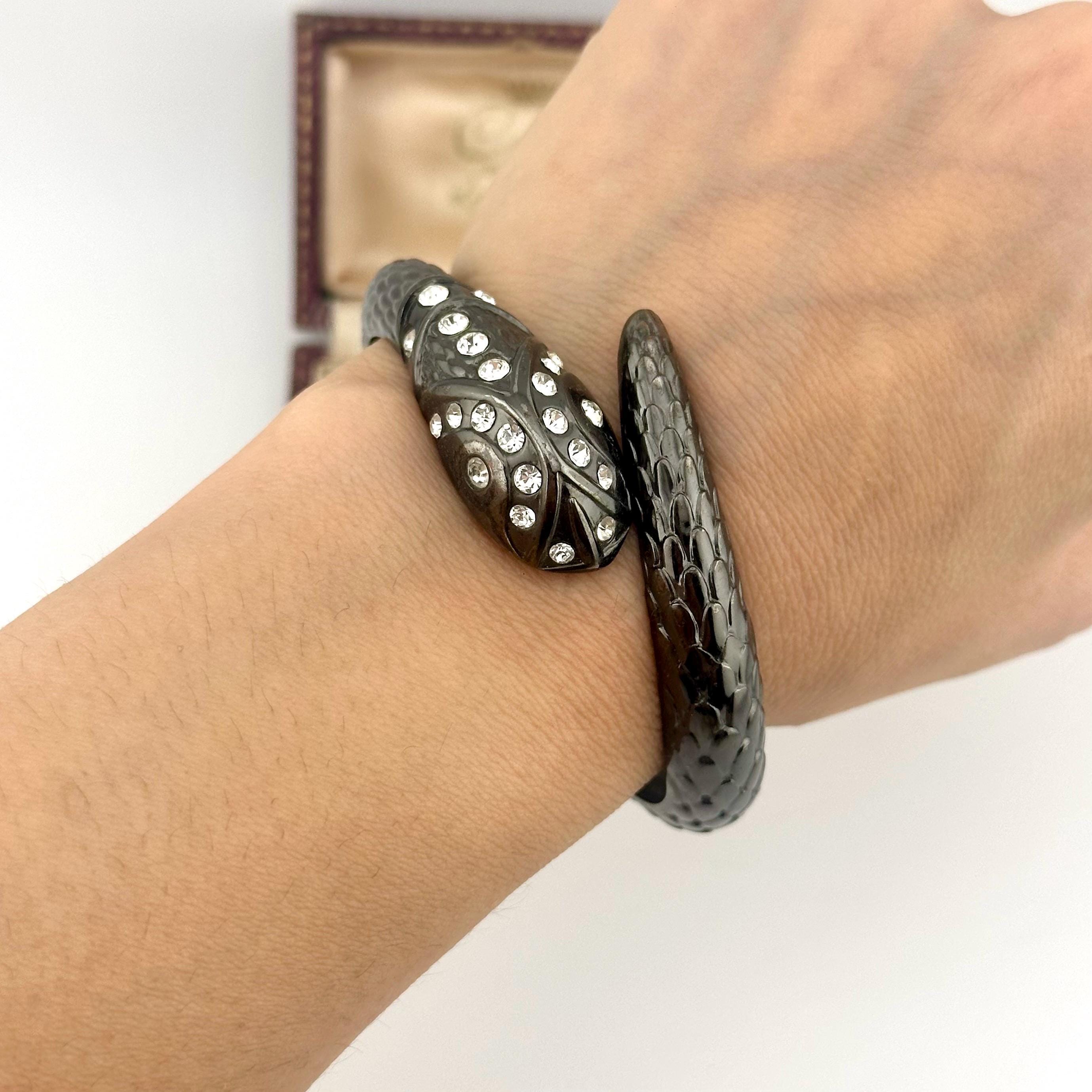 Vintage 1980s Gunmetal Snake Crossover Hinged Bangle, Crystal