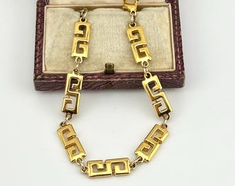 Vintage Gold Greek Key Meander Bracelet, 1980s Statement Chain Link, Couture Designer Jewelry