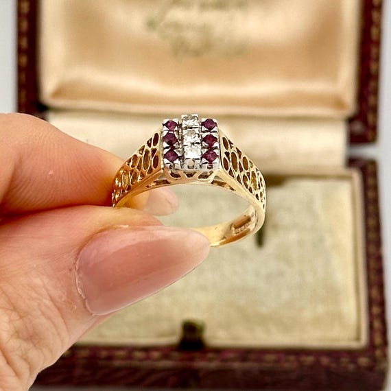 Vintage 9ct Solid Gold Diamond & Ruby Ring, Art D… - image 1