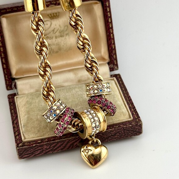 Vintage Gold Charm Statement Bracelet, Ruby & AB … - image 9