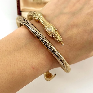Vintage 1950s Egyptian Revival Snake Bracelet, Gas Pipe Gold Serpent Bangle, Statement Goddess Symbol-Power Talisman Jewelry-Ancient Revival