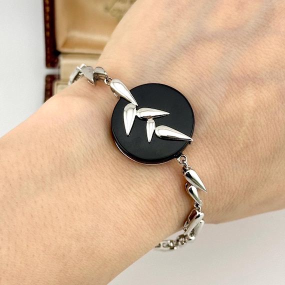 Vintage Sterling Silver Onyx Modernist Bracelet, 1980s Sculptural