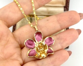 Vintage Gold Filled Orchid Pendant,  1980s Magenta Enamel Floral Necklace, Bridal Statement Jewelry