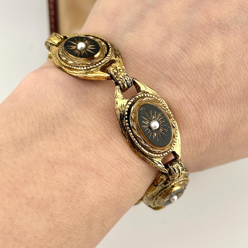 ヴィンテージ 1960年代 スフィンクス ゴールド ダイヤモンドカット ジェットブラック ブレスレット、スターバースト パールリンク、ステートメントジュエリー 画像 2
