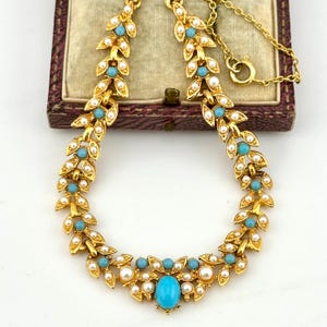 Vintage Gold Exquisite Necklace, 1950s Statement Turquoise Pearl Collar, Signed Mid-Century Bridal Jewelry-Collectable Museum-Worthy Jewelry