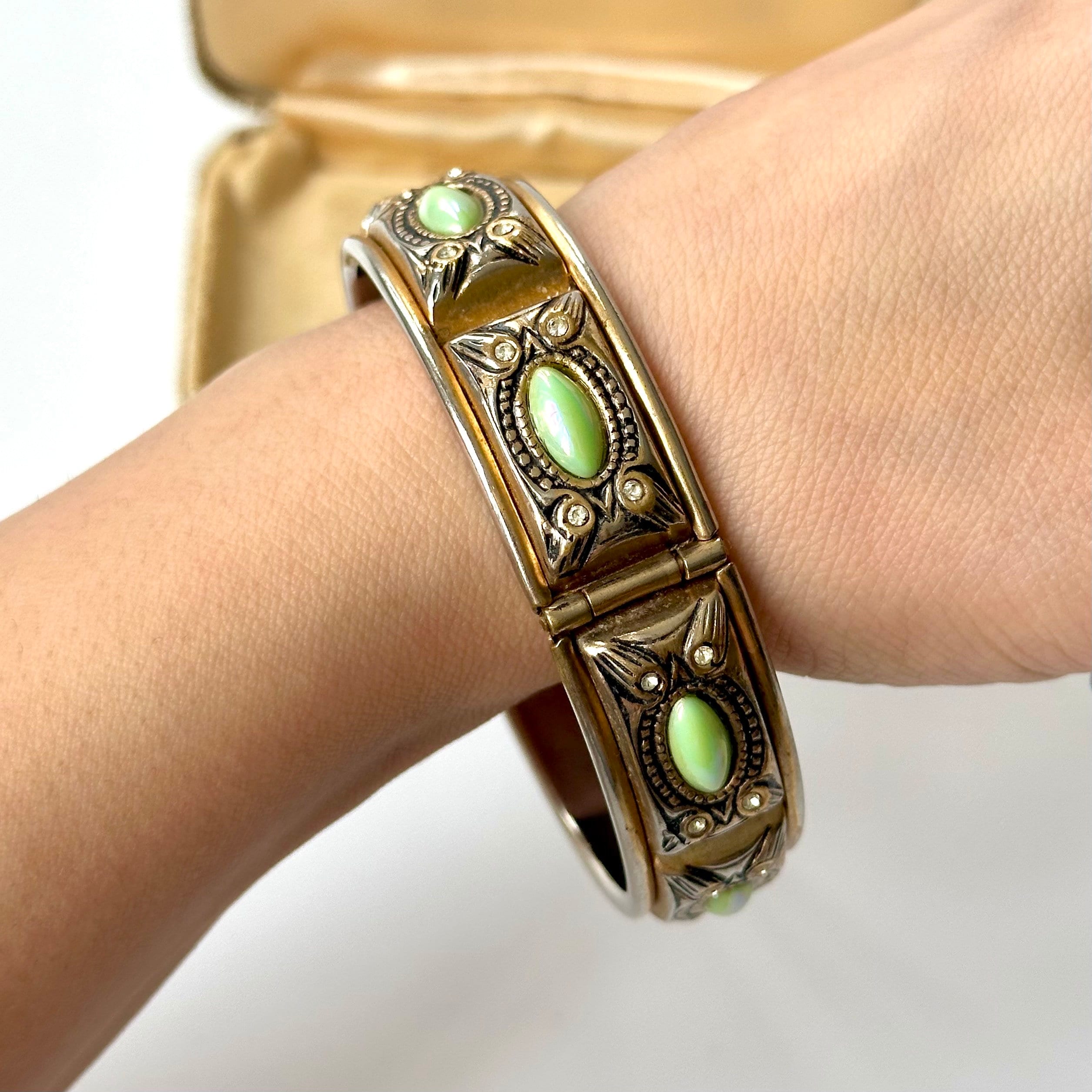 Vintage 1940s Damascene Owl Clamper Bracelet, Opalescent Stones, Safety Chain