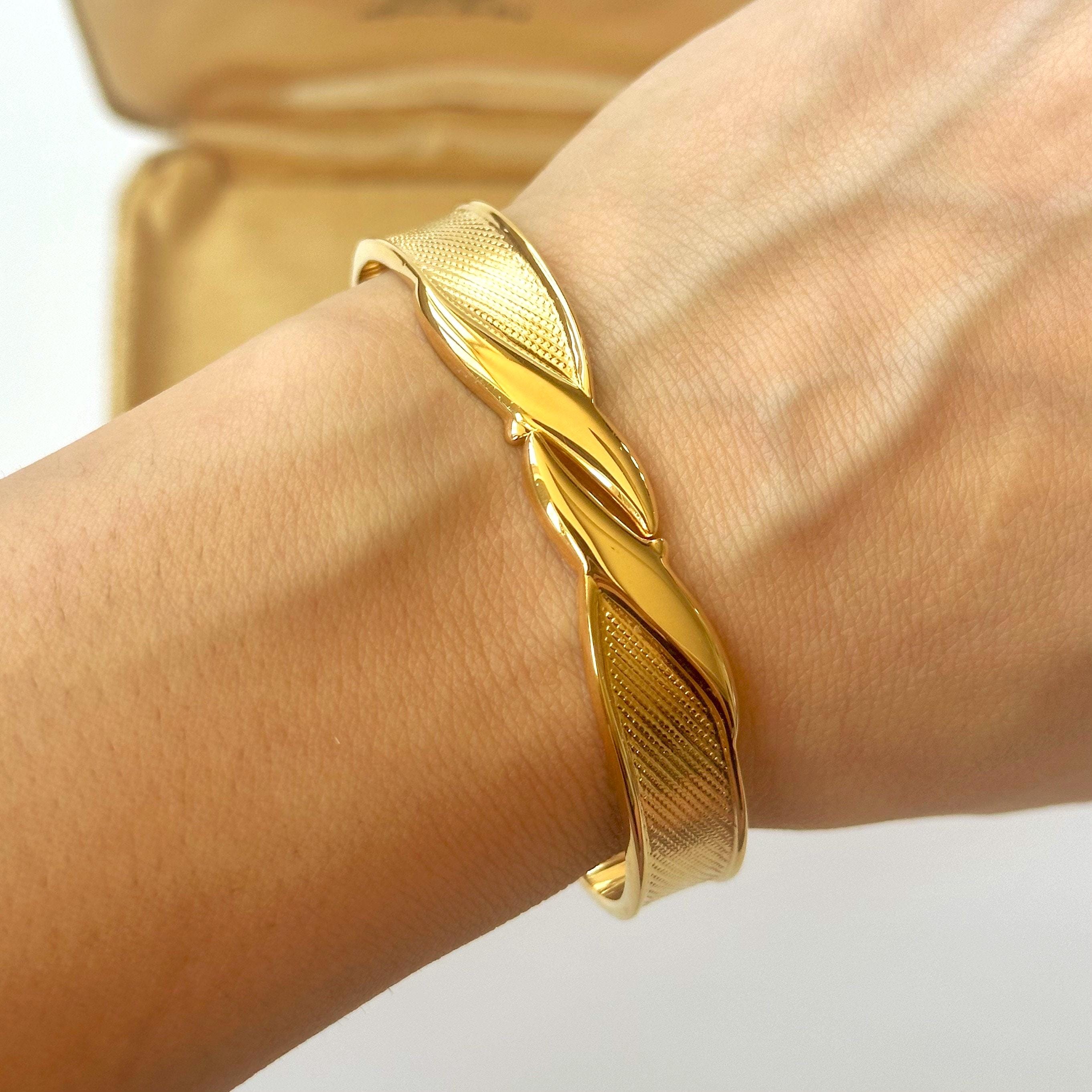Designer Bracelet, Vintage Monet Bangle, Gold Hinged Cuff