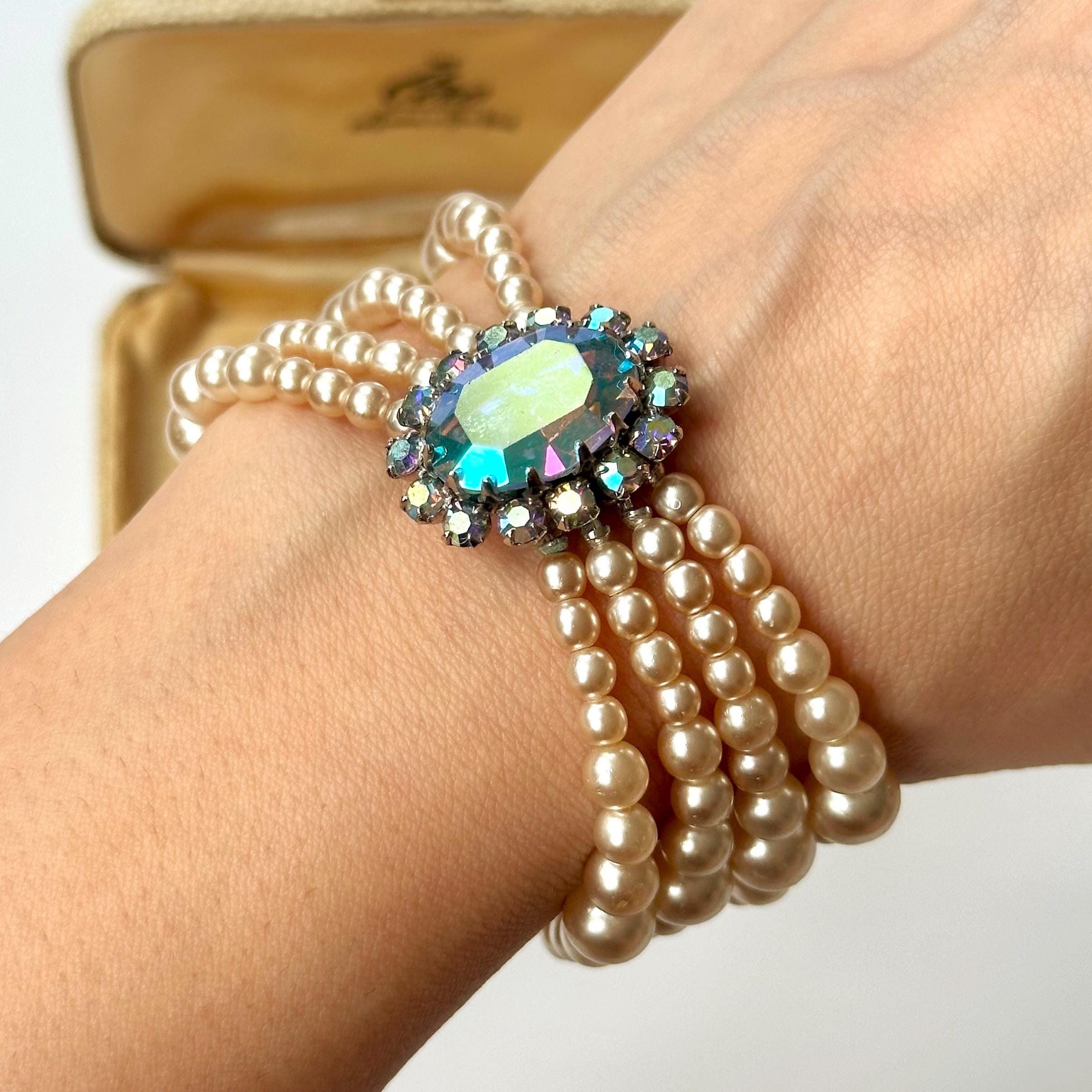 Vintage 1950s Aurora Borealis Crystal Pearl Bracelet, Mid-century 