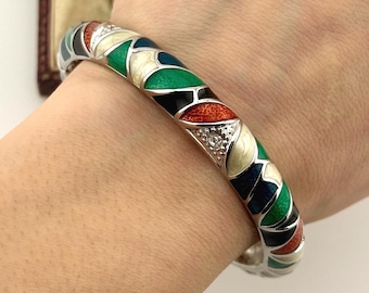 Vintage 1980s Enamel Hinged Bangle, Green Blue Red Geometric Statement Bracelet