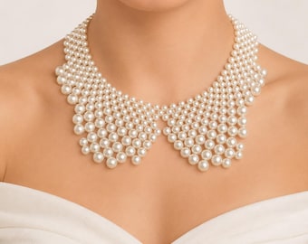 Vintage halsketting met parelslabbetje, statement bruidskraag, couture gelaagde choker, elegante huwelijkssieraden