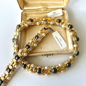 Vintage Gold Necklace & Bracelet Austrian Crystals Faux Pearls, 1990s CABOUCHON Jewelry Set, Elegant Classic Evening Jewellery, Gift Idea