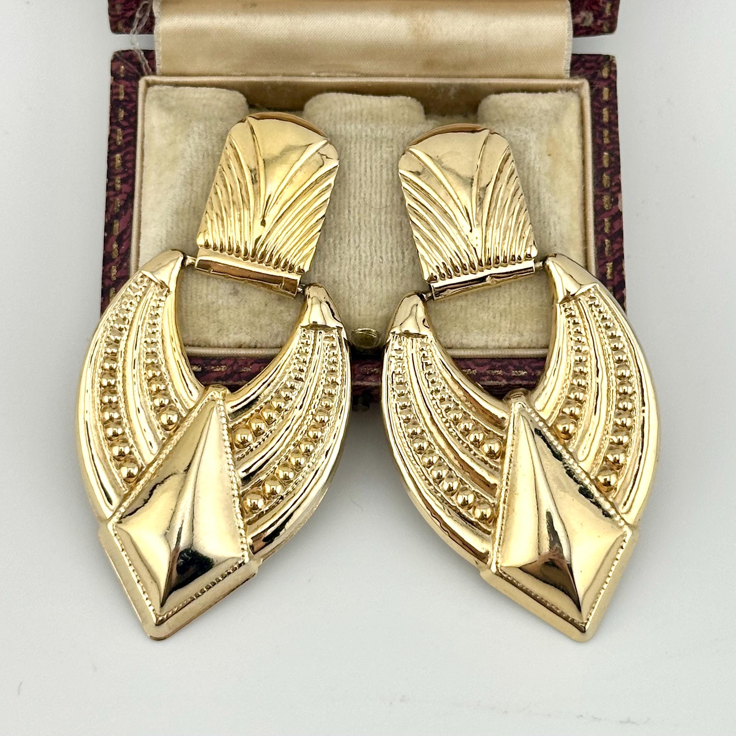 Vintage Gold Egyptian Revival Door Knocker Earrings, 1980s Bold