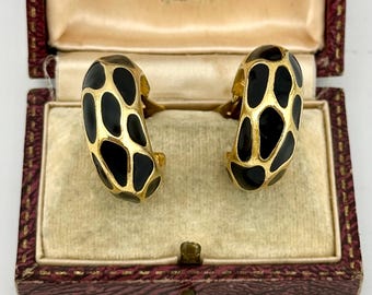 Vintage 1980s Gold Black Enamel Hoop Clip On Earrings, Animal Print Statement Jewelry