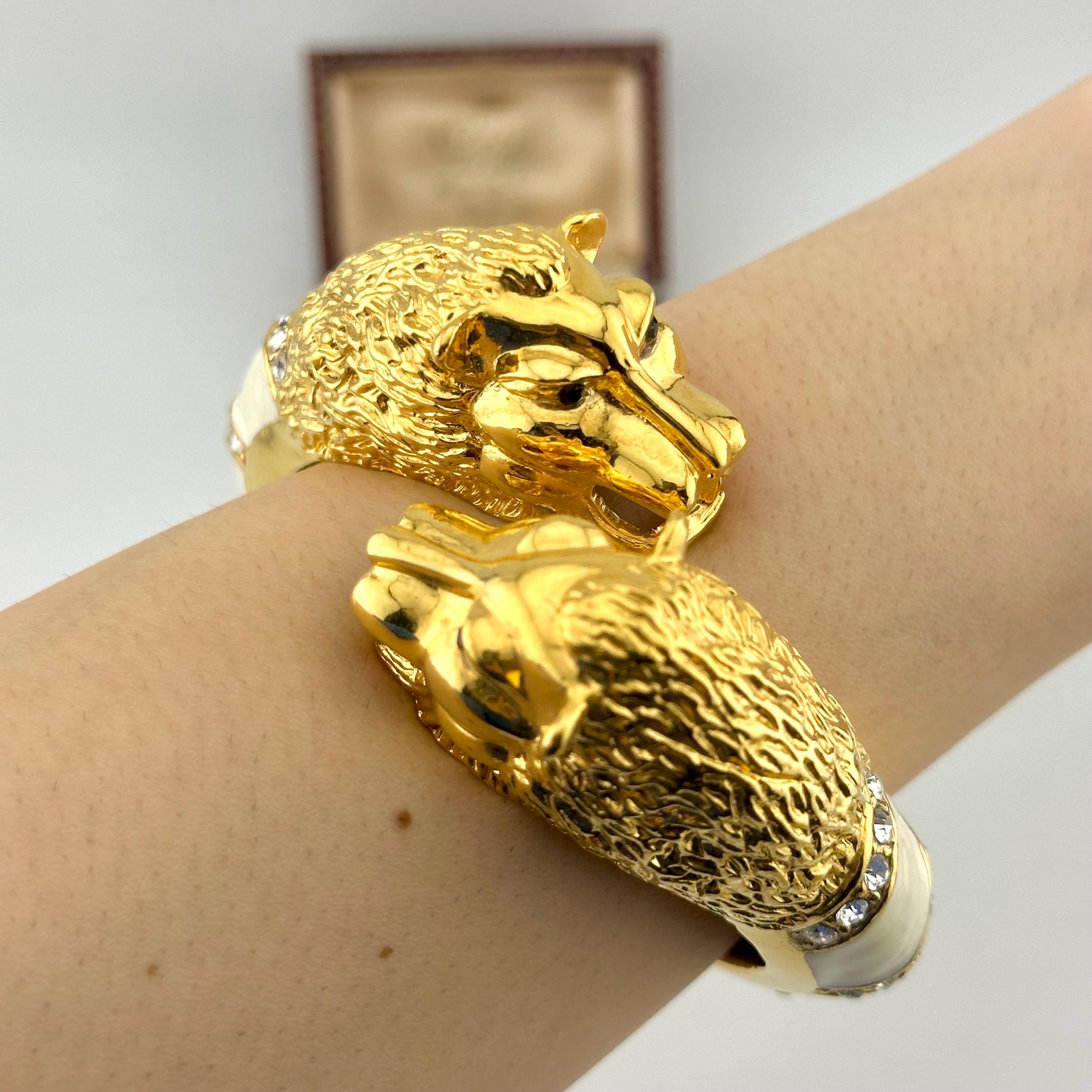 Bracelet Lion Jumeau En Or 22K 916 – Vintage Lourd, Fait Main, Unisexe, Poids 34g, Longueur 8 Pouces
