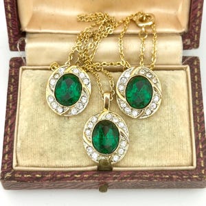 Vintage Emerald Green Crystal Necklace & Earrings Set, 80s Gold Statement Set, Vintage Designer Jewelry, Wedding Jewellery, Anniversary Gift