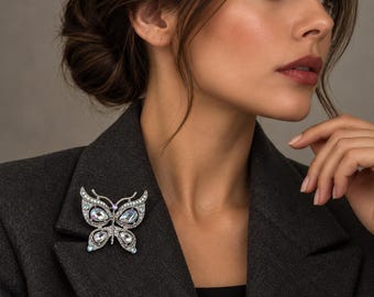 Vintage 1980s Silver Butterfly Brooch, Aurora Borealis Crystal Rhinestone Statement Pin, Iridescent Butterfly Jewelry