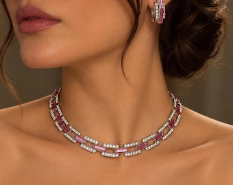 Vintage Art Deco Rosa Kristall-Set, 1980er Jahre Swarovski Baguette Halskette Ohrringe, geometrischer Glamour-Schmuck