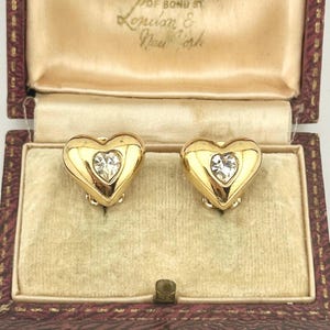 Vintage Givenchy Gold Heart Earrings, 1980s Couture Crystal Clip-Ons, Rare Statement Designer Jewellery, Collectible Paris Haute Couture