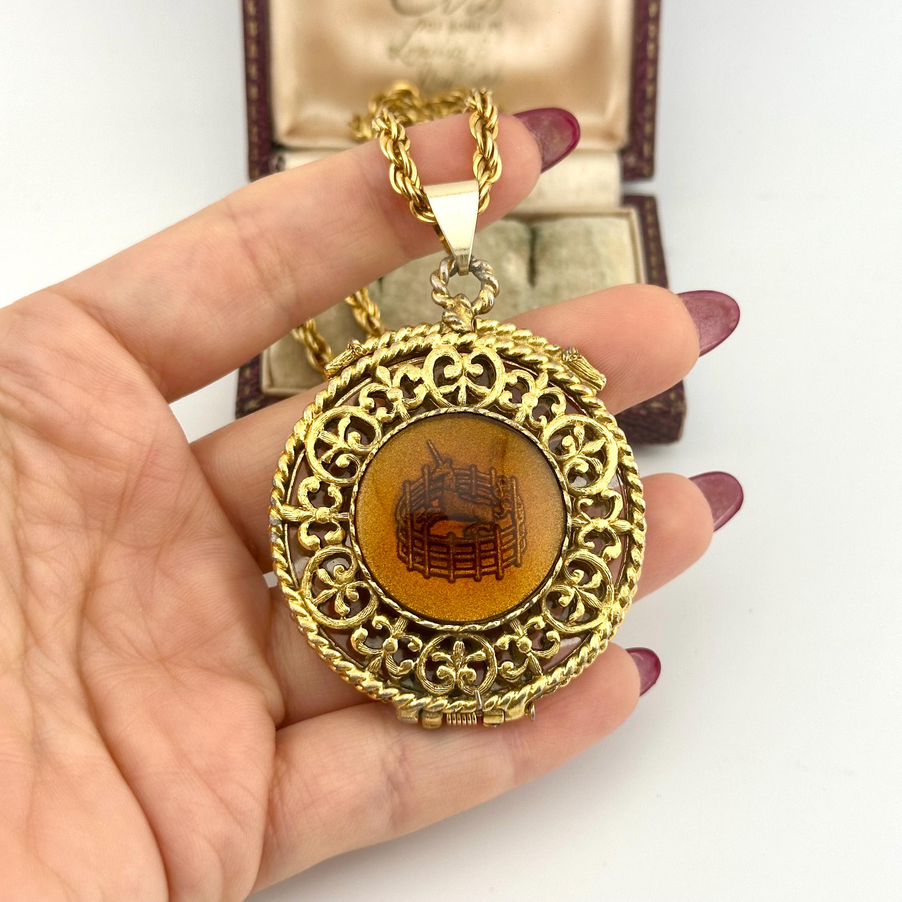 Vintage 1960s Corday Unicorn Perfume Locket Necklace, Gold