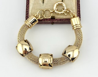 Vintage 1980s Gold Mesh Bracelet, Chunky Cube Statement Chain, Bold Luxe Sculptural Link Bracelet