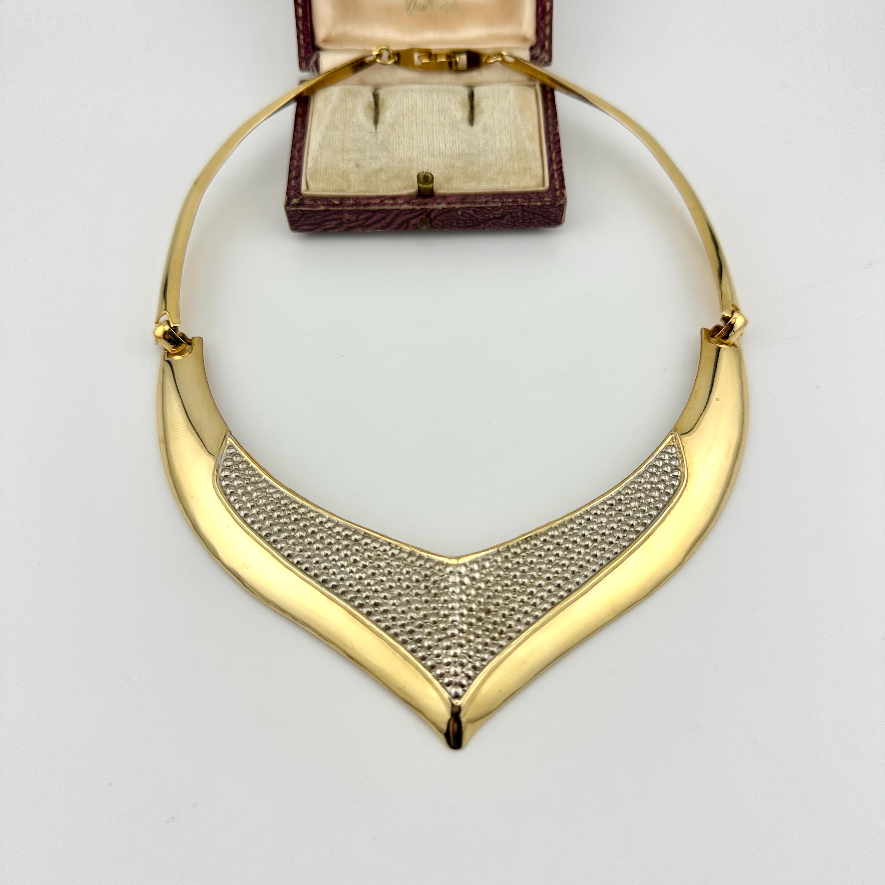 Vintage 1980s Gold Torque Collar Necklace, Sculptural V Statement