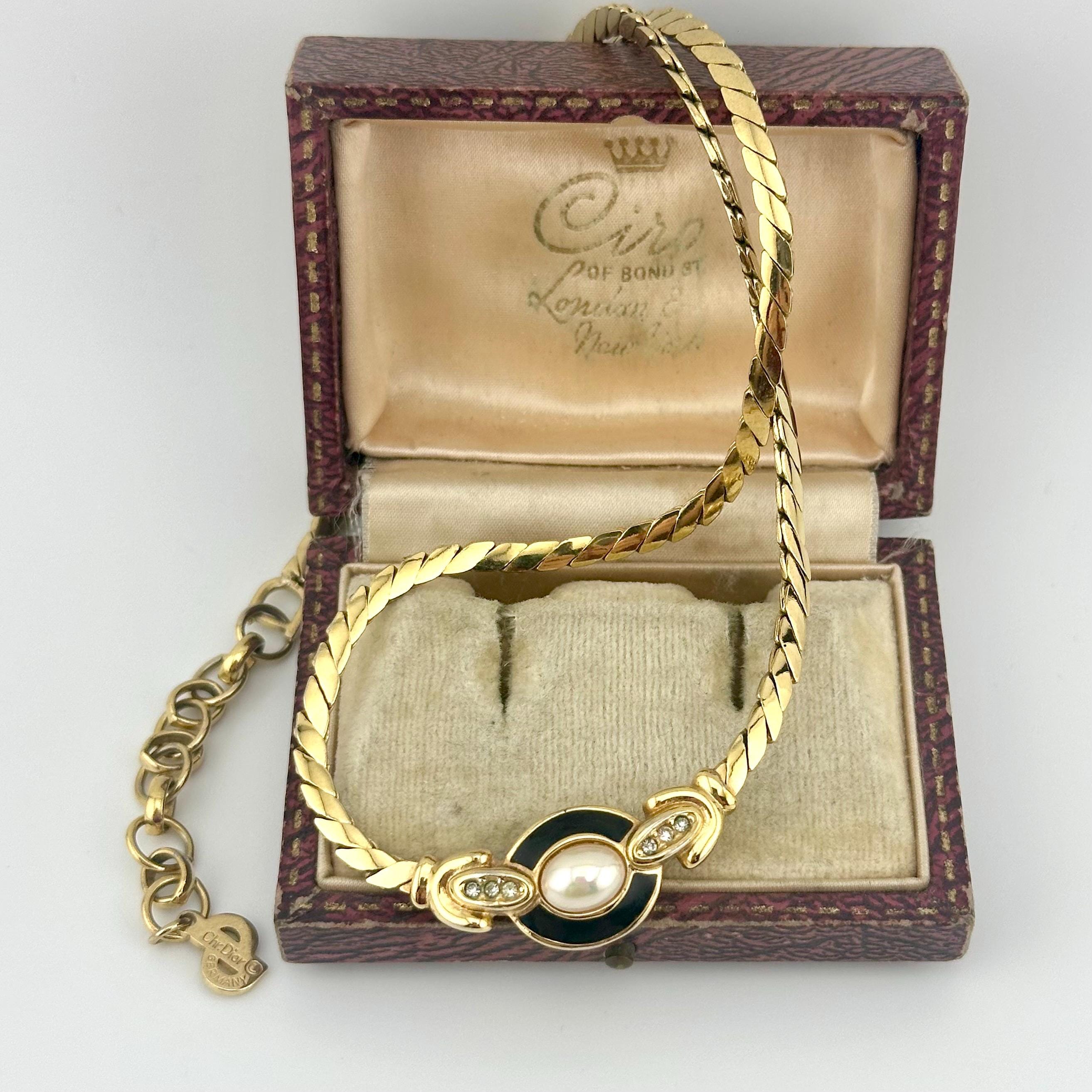 Vintage 1980s Christian Dior Gold Pearl Choker Necklace, Black