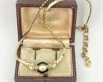 Vintage 1980s Christian Dior Gold Pearl Choker Necklace, Black Enamel Crystal Designer Collar Jewelry