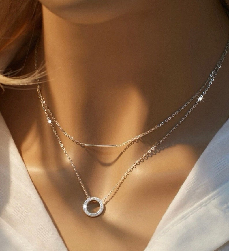 Sterling Silver Double Layer Necklace, Silver Minimal Pendant , Circle