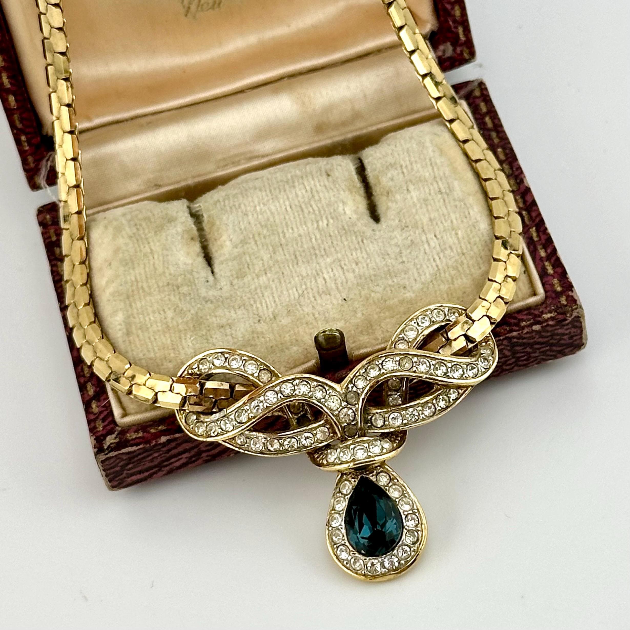 Vintage Attwood & Sawyer Gold Crystal Necklace, 1980s Sapphire