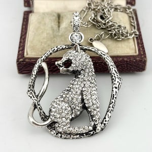 Vintage 1980s Panther Pendant Necklace, Silver Tone Austrian Crystal Leopard Hoop, Cartier Style Big Cat Jewelry, Statement Animal Necklace