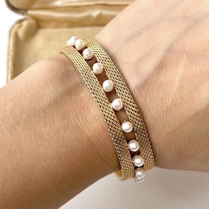 Vintage 1970s RADI Spanish Bracelet, Gold Mesh Seed Pearls Bracelet, Vintage Designer Bridal Statement Jewelry-Rare Collectible Gift for Her