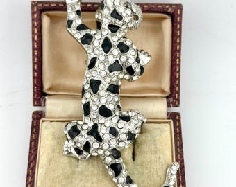 Vintage 1980s Panther Brooch, Austrian Crystal Black Enamel Jungle Cat Pin, Statement Animal Jewelry