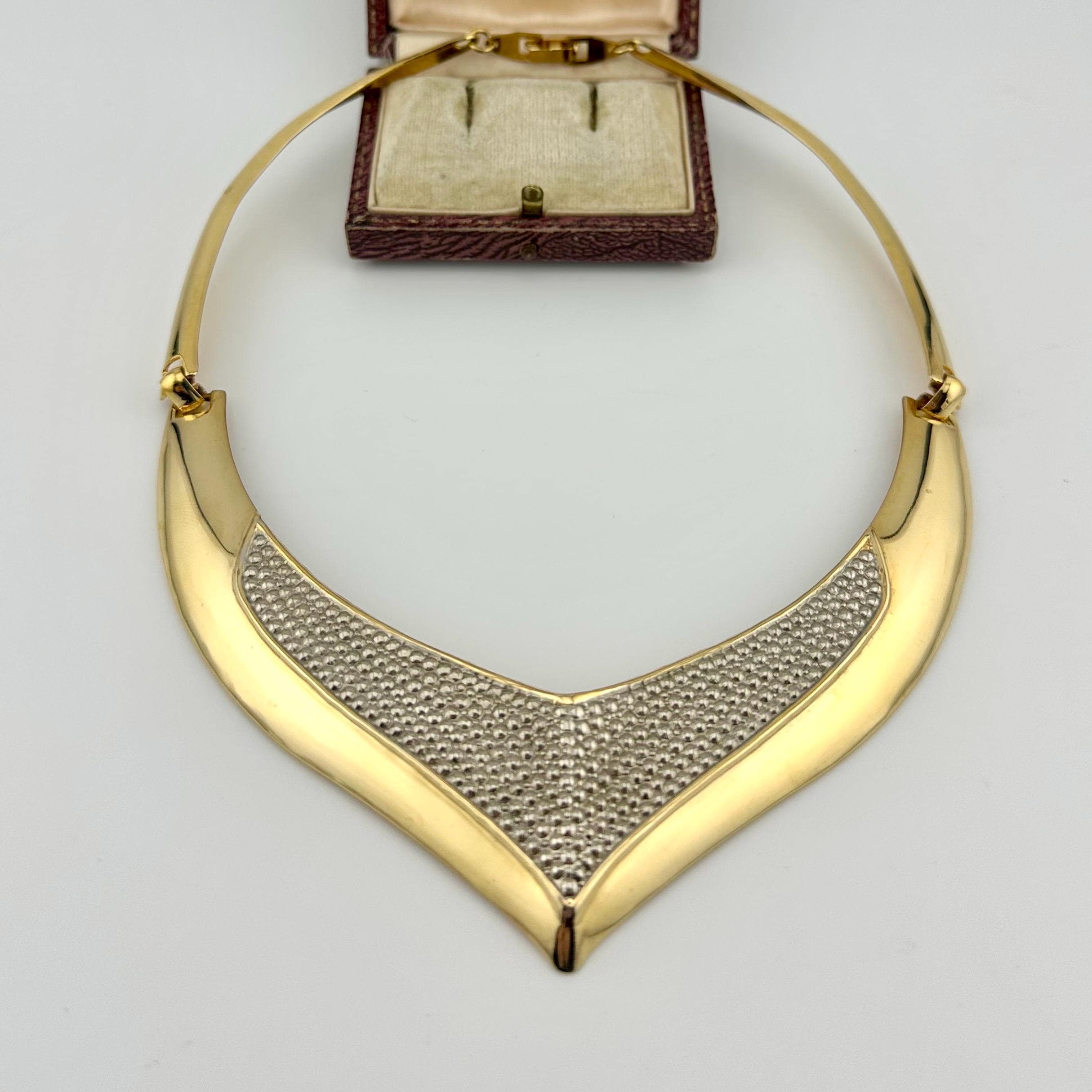 Vintage 1980s Gold Torque Collar Necklace, Sculptural V Statement