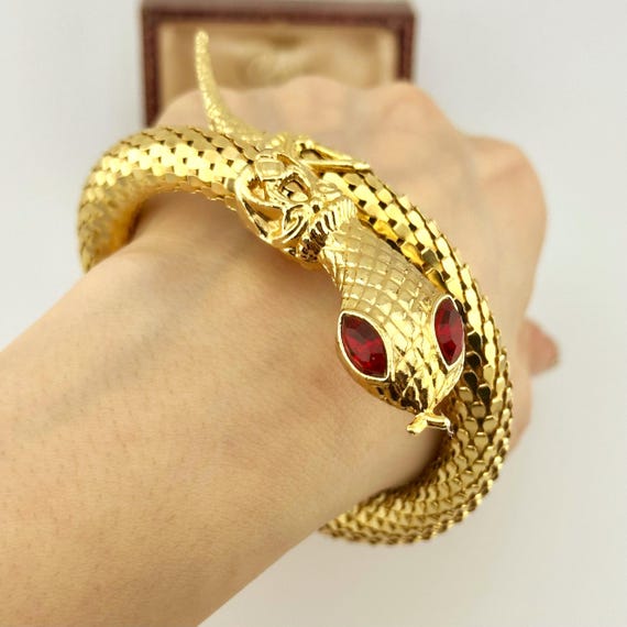 Vintage 1980s Gold Mesh Snake Bracelet, Coiled Serpent