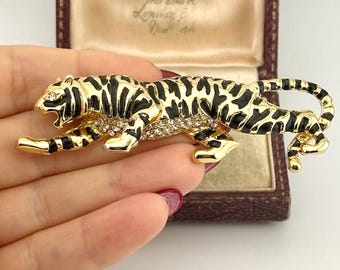 Vintage Gold Tiger Brooch, 1980s Black Enamel Austrian Crystals Statement Jewellery, Jungle Cat Pin