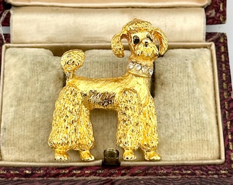Vintage Gold Poodle Brooch, 1980s Sculptural Crystal Dog Pin, Retro Glam Animal Lover Jewellery