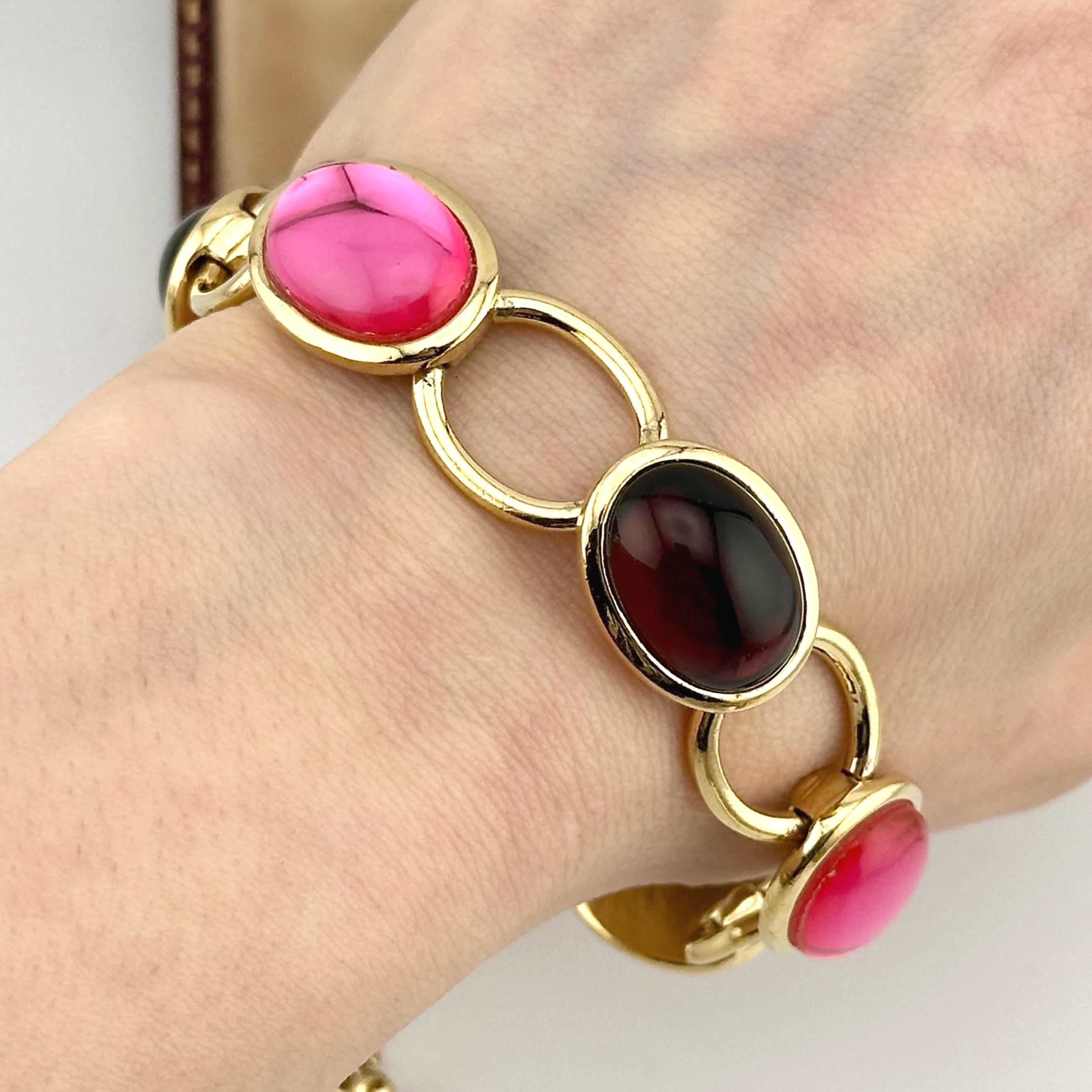 Vintage Gold Oval Link Bracelet, 1980s Cabochon Violet Pink