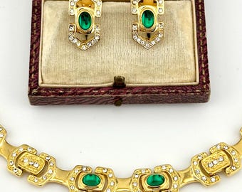 Vintage Gold Emerald Green Cabochon Link Jewelry Set, 1980s Dior