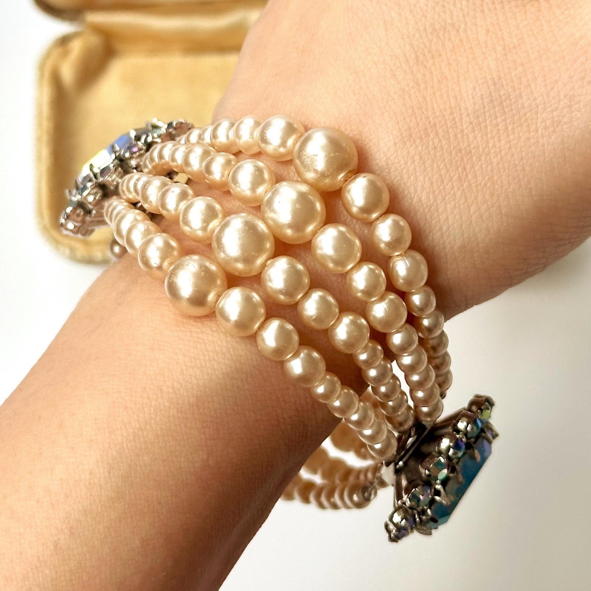 Vintage 1950s Aurora Borealis Crystal Pearl Bracelet, Mid-century 