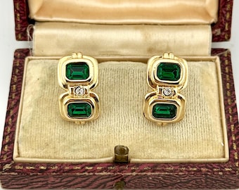 Vintage 80s Gold Emerald Green Swarovski Crystal Statement Earrings, Glamorous Retro Studs, Collectible Bridal Heirloom Jewelry-Wedding Gift