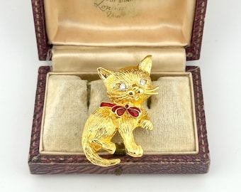 Vintage 1980s Gold Cat Brooch, Novelty Kitten Pin, Red Enamel Bow Crystal, Animal Jewelry