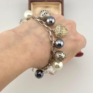 Vintage Charm Pearls Bracelet, 1990s Silver Romantic Y2K Jewelry, Faux Pearls & Metallic Beads, Womens Jewellery, Statement Collector Piece