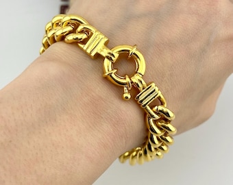 Vintage 1980s Gold Curb Chain Bracelet, Heavy Bold Statement Senorita Clasp, Retro Power Jewelry, Collectible Designer Style, Luxury Gift