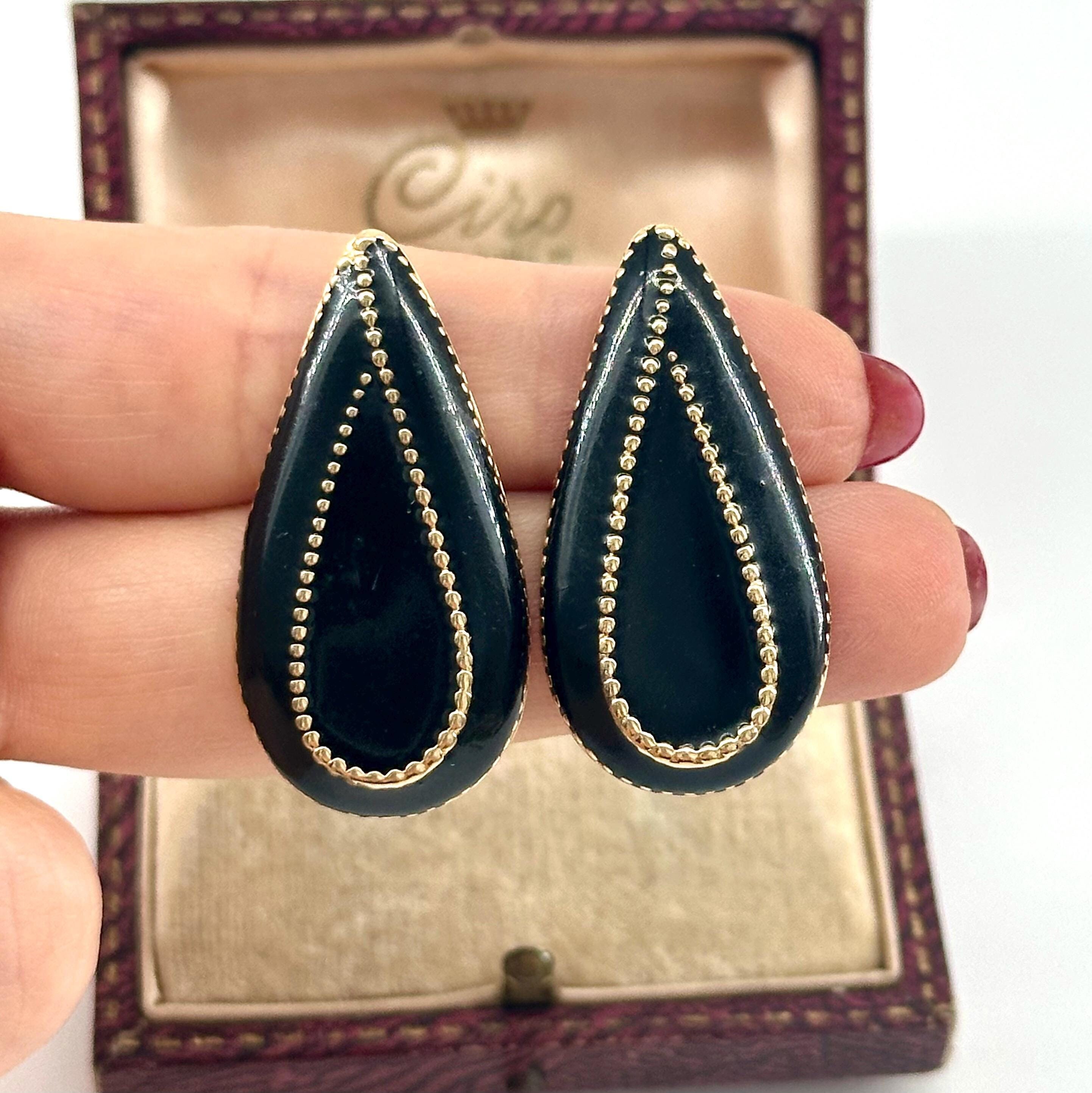 Vintage 1980s 18ct Gold Plated Teardrop Black Enamel